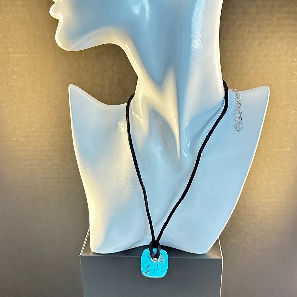 Turquoise Stone Pendant Necklace on Black Cord – Sterling Silver Accents – 18”
